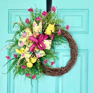 Floral Spring Wreath with Pink and Yellow Accents